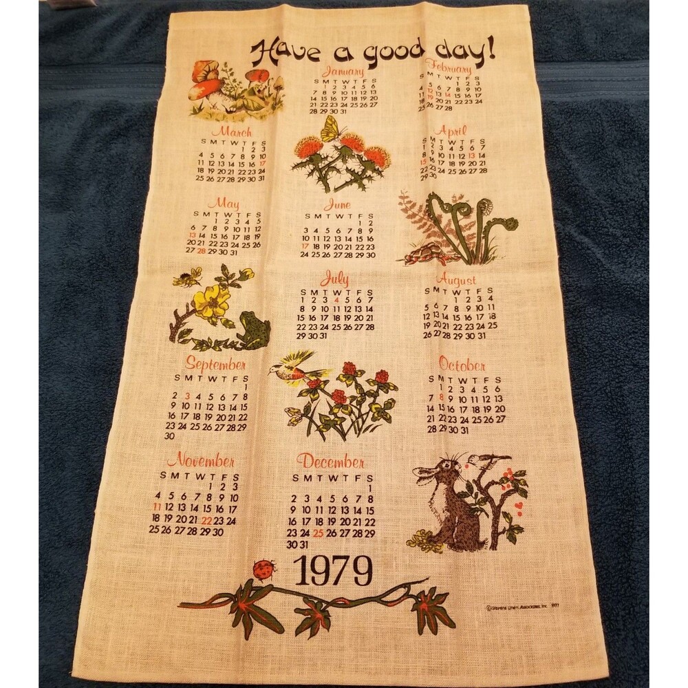 Vintage linen tea towel calendar birds bugs bunny & flowers 1979 nos